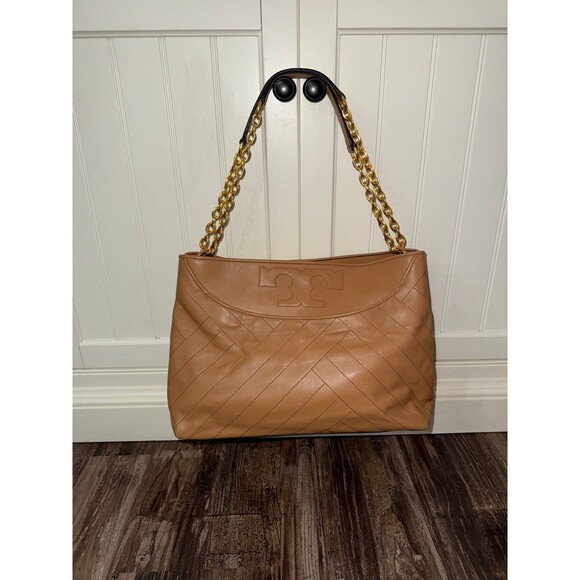 Tory Burch Designer Alexa Beige Tan Quilted Slouchy Leather Tote Purse Handbag - Picture 1 of 9